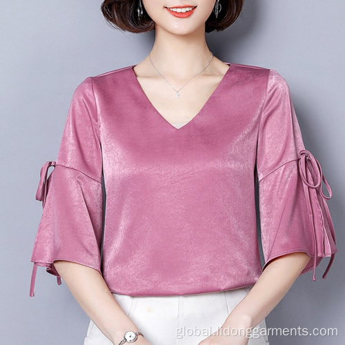 Office Blouse Top Fashion Cutting V-neck Solid Color Silk Sweet Top Supplier